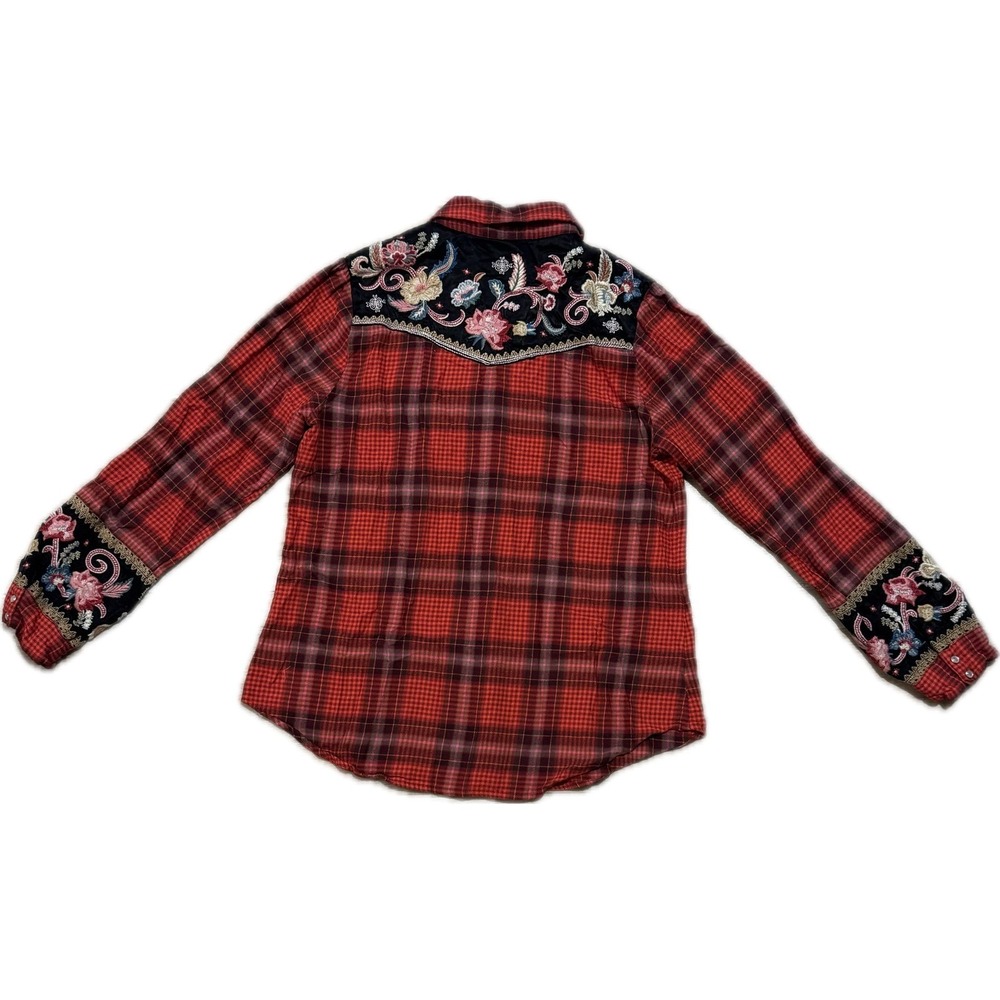 Johnny Was Workshop Red Plaid Embroidered Velvet Yoke Western Snap Shirt Medium - Picture 2 of 7